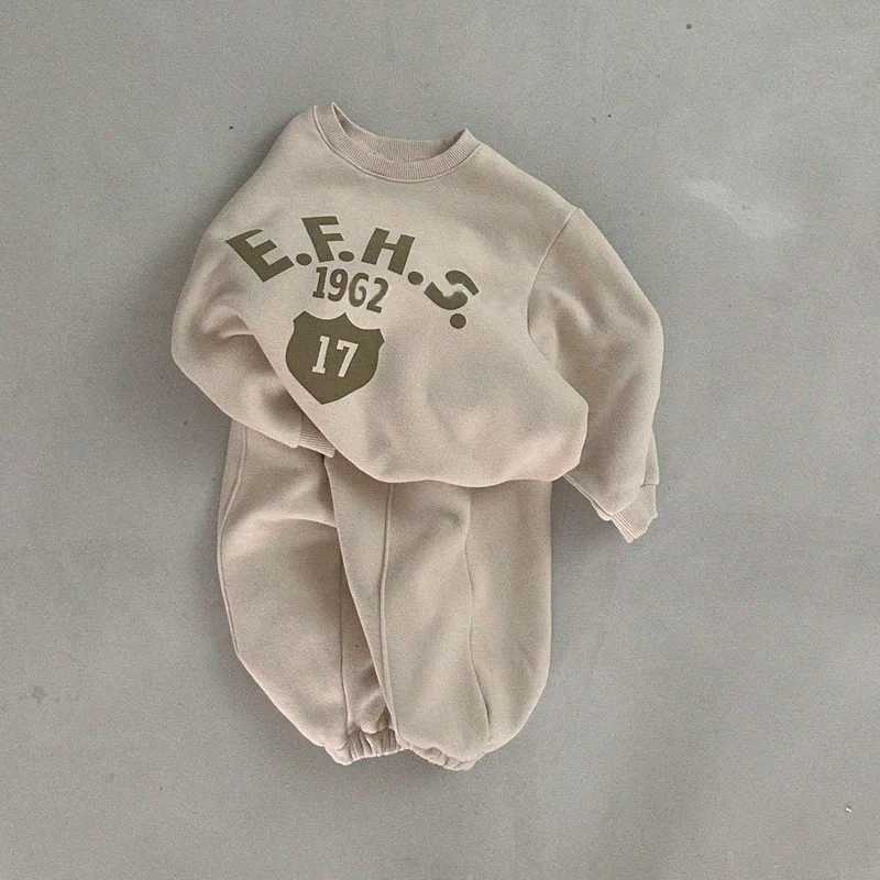 2024 Winter New Children Letter Print Fleece Sweatshirt + Sweat Pants 2pcs Set Boys Girls Thick Warm Sports Set Kids Outfits Z250811