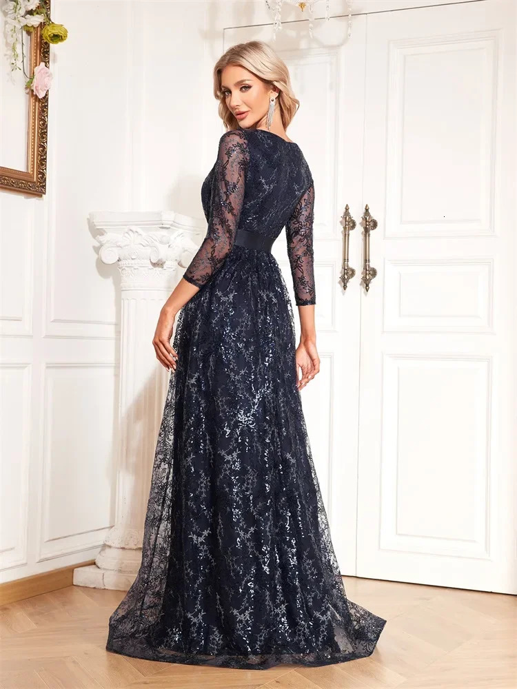 Elegant Blue VNeck Floral Evening Dress Long y Women Sleeve Wedding Party Cocktail Graduation Prom 250811