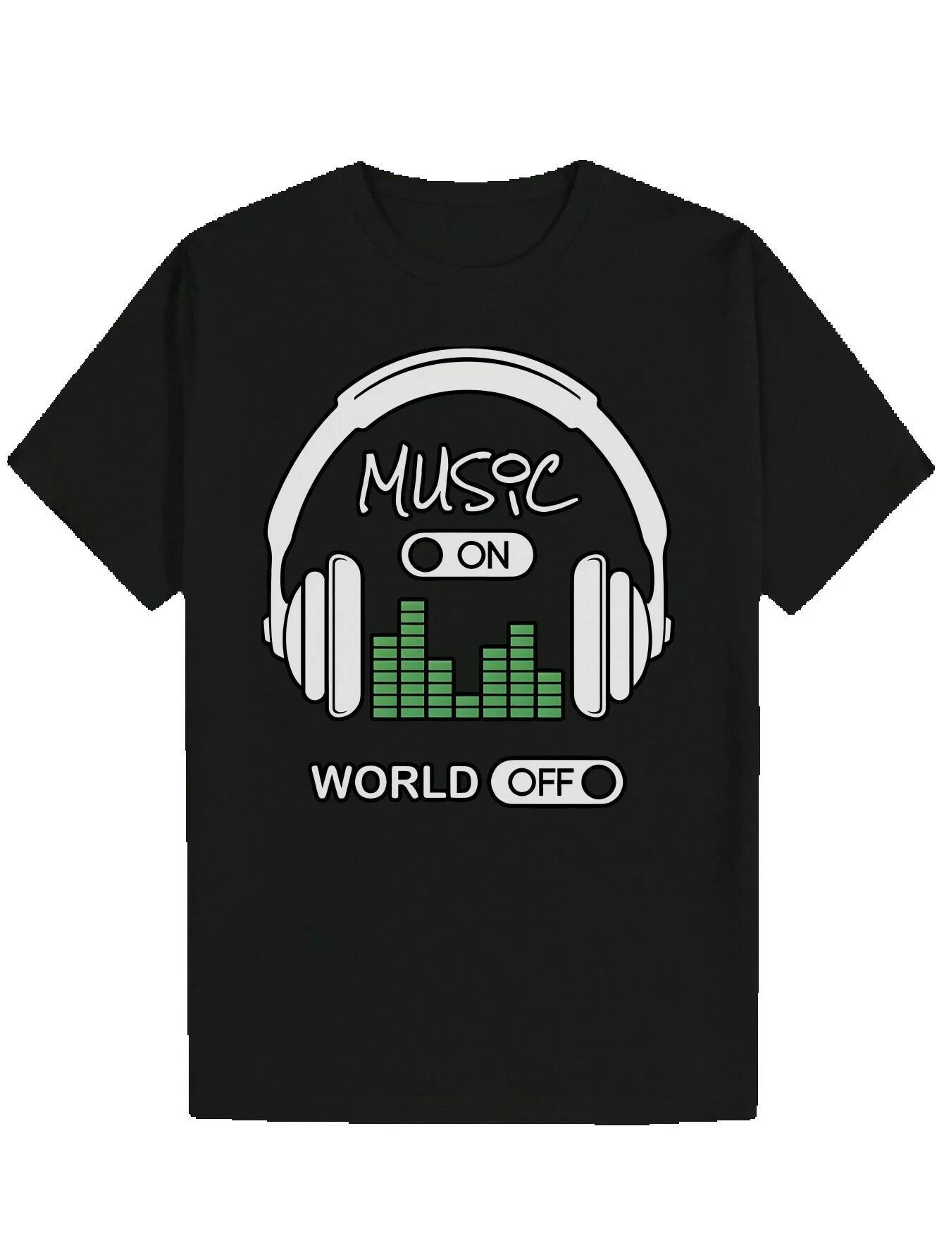Men's Summer Casual Round Neck Polyester with Headphone Design - Black, 'MUSIC ON' Pattern T-Shirt
