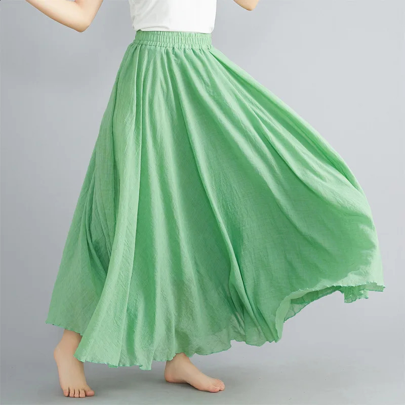 28-Color Mori Girl Literary Cotton Linen Dress Elastic Waist A-line Expansion Skirt Solid Color Ethnic Style Women Long Skirts 250809