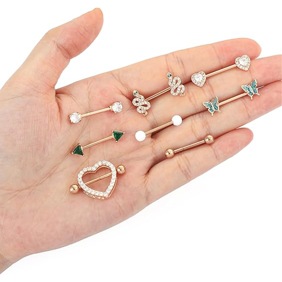 9Pairs Nipple Rings 14G Stainless Steel Heart Butterfly Snake Ball Emerald Triangle CZ Barbell Tongue Rings Set Body Piercing Jewelry for Women 16mm R