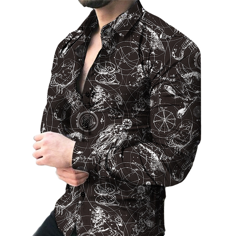 2025 Mens Long Sleeve Men's long shirt with gradient color digital print casual slim lapel long-sleeved shirt thin men's shirt European code