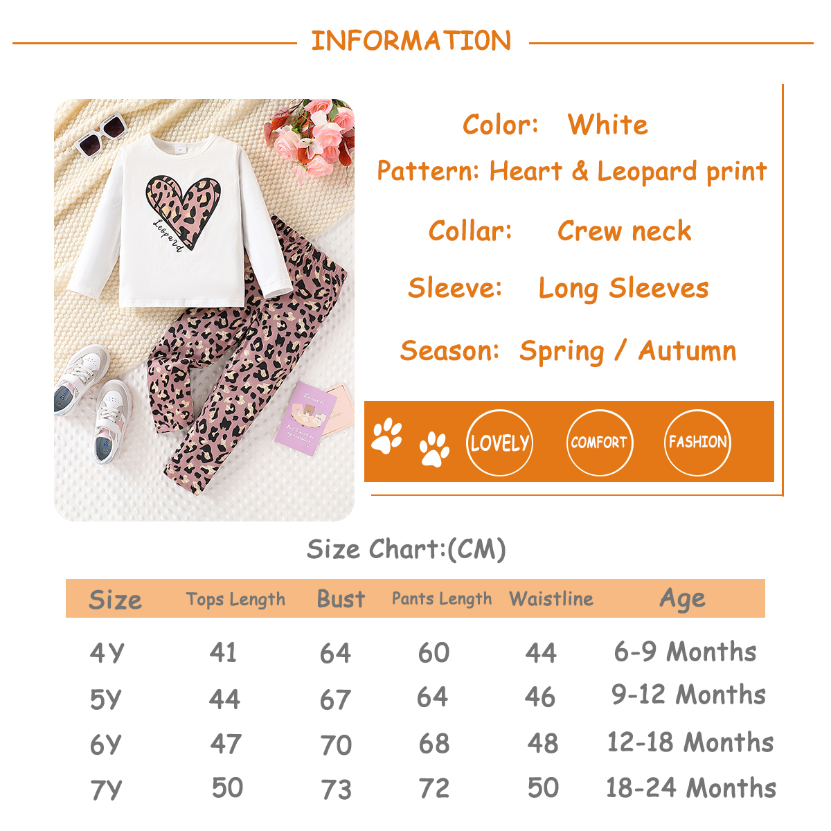2-piece girls' fashionable casual heart-shaped printed round neck long sleeved T-shirt and leopard print full body printed tight pants set