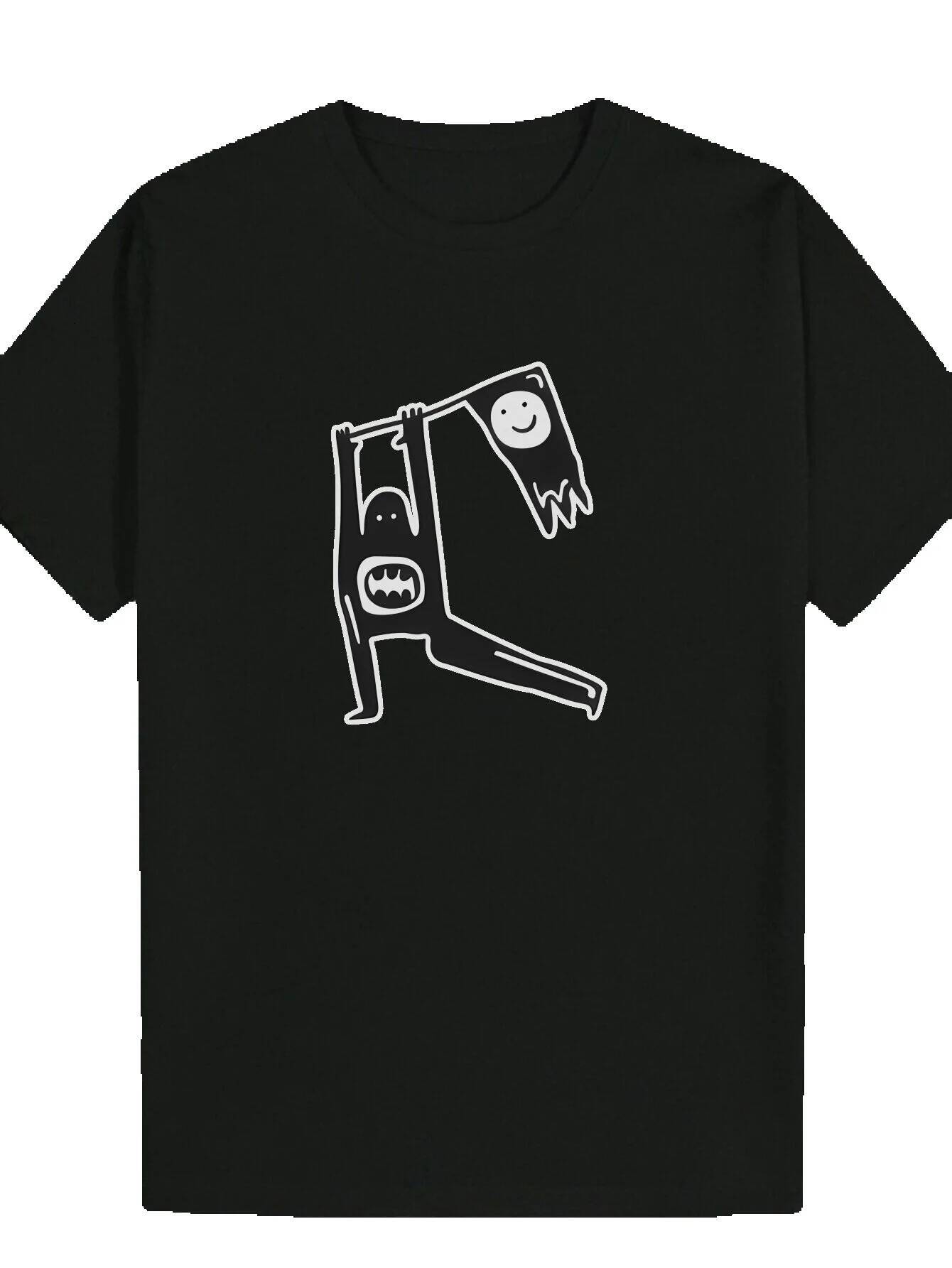 Men's Black Summer Casual - Round Neck Polyester T-Shirt with Playful Animal Print, Lightweight and Machine Washable