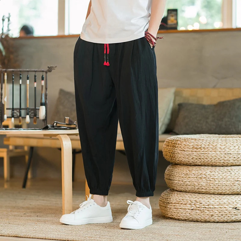 2024 M5XL Spring and Autumn Mens Cotton Hemp Pants Loose Drawstring Lantern Haren Japanese Casual 250729