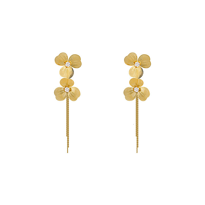 Sier Needle Zircon Hollow Flower Petal Tassel Fashion Versatile Studs Light High-end Feel Earrings