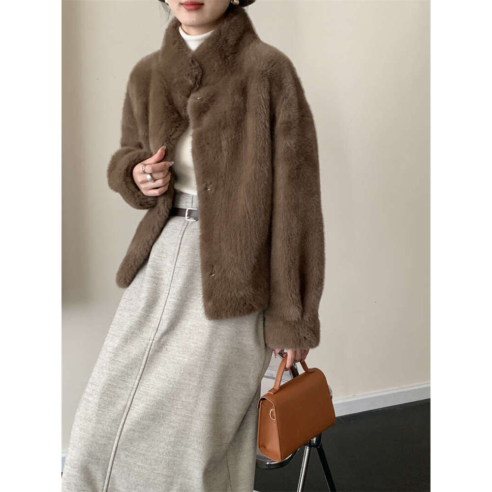 Windproof stand up collar faux fur coat, mink leather jacket, warm winter