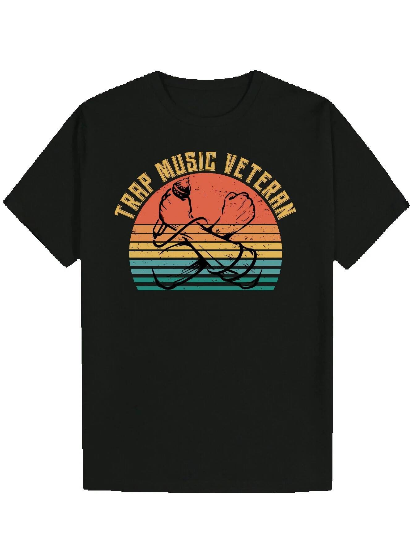 Men's Summer Short Sleeve T-Shirt - Black Trap Veteran Pattern Print, with Colorful Stripes, 100% Polyester Crew Neck T-Shirt, Machine Washable, 