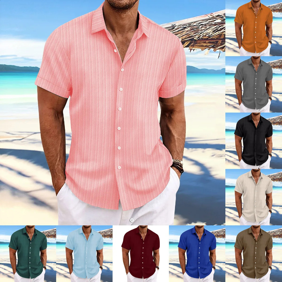 Solid Color Jacquard Wave Strip Short-sleeved Shirt Europe And The United States Mens Daily Casual Cardigan Fashion Trend 250811