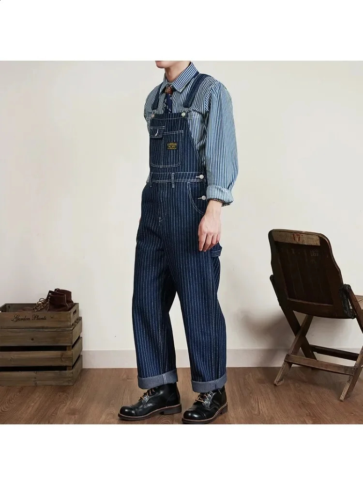 American Vintage Raw Blue Denim Jumpsuits for Men Vertical Striped Wide Leg Loose Straight Overalls Pants Jeans Amekaji Workwear 250729