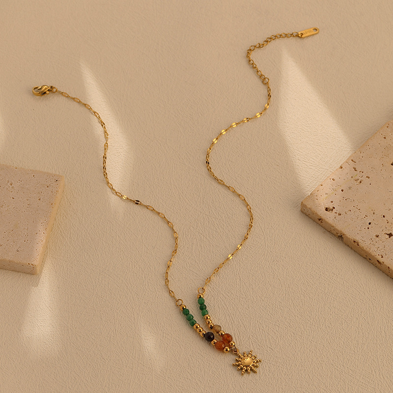 Natural Stone Beads Stainless Steel Sun Pendant France Necklace for Women Collar Collarbone Chain Trendy Jewelry Bijoux Wholesale Drop Ship