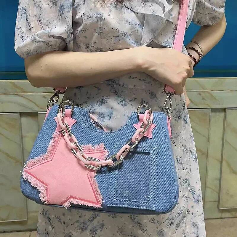 Autumn New Korean Fashion Women's Shoulder Bag Denim Bag Chain Women's Crossbody Bag Niche Zipper Wallet Women's Light Luxury Square Ba