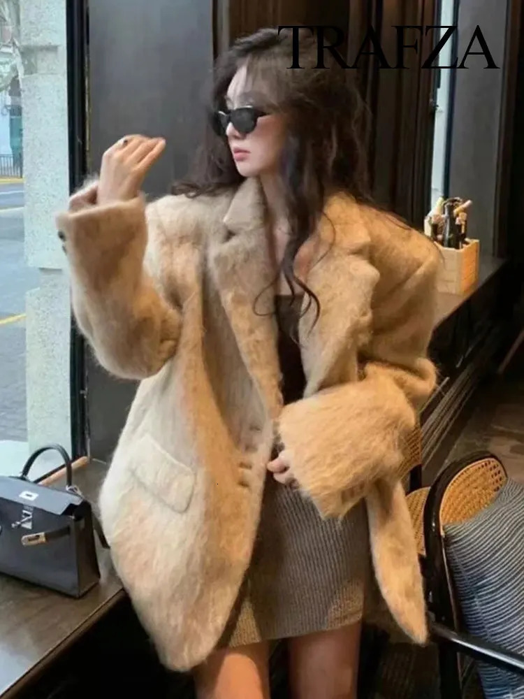 TRAFZA Women Fashion Plush Blazer Elegant Solid Y2k Women Long Sleeve Single Breasted Suit Coat Spring Female Casual Jackets 250811