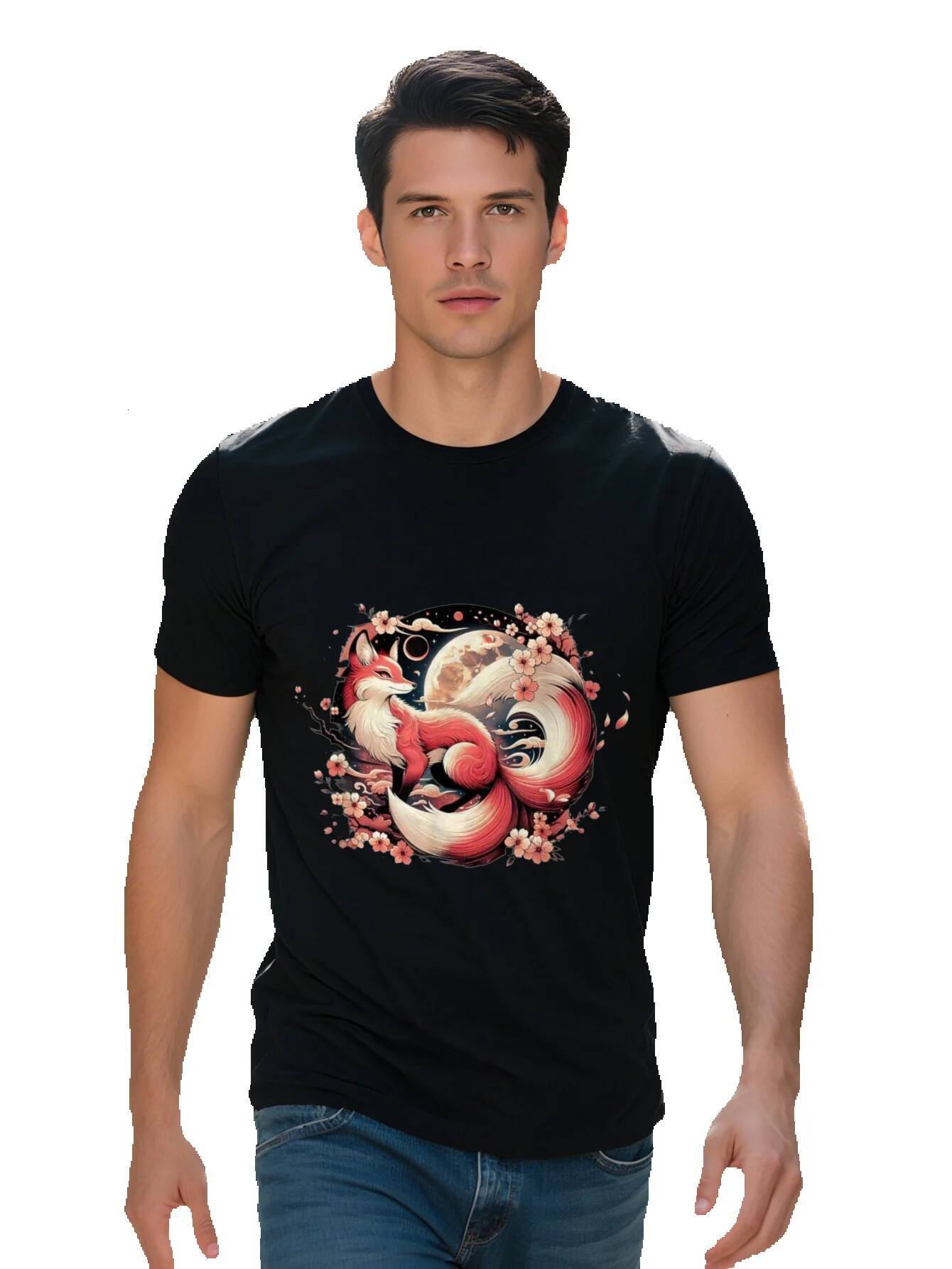 Men s Cotton T Shirt Japanese Kitsune Nine Tailed Fox Design with Black Short Sleeve for Casual Attire 69c5d