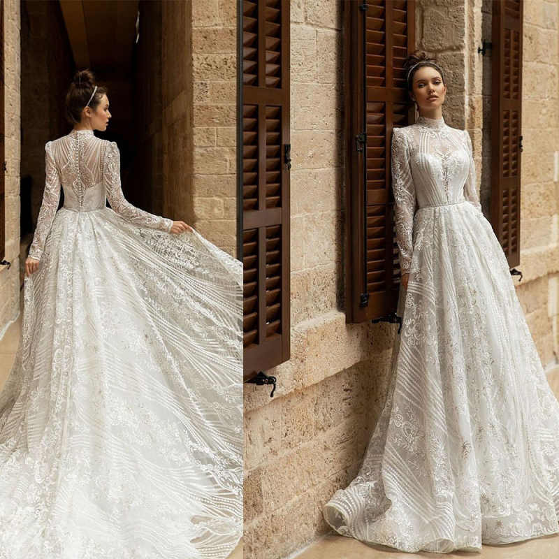 Luxury Princess A Line Wedding Dress Customized High Collar Long Sleeve Tulle Lace Bridal Gown Floor Length Marriage Dresses Bride Vestidos De Novia