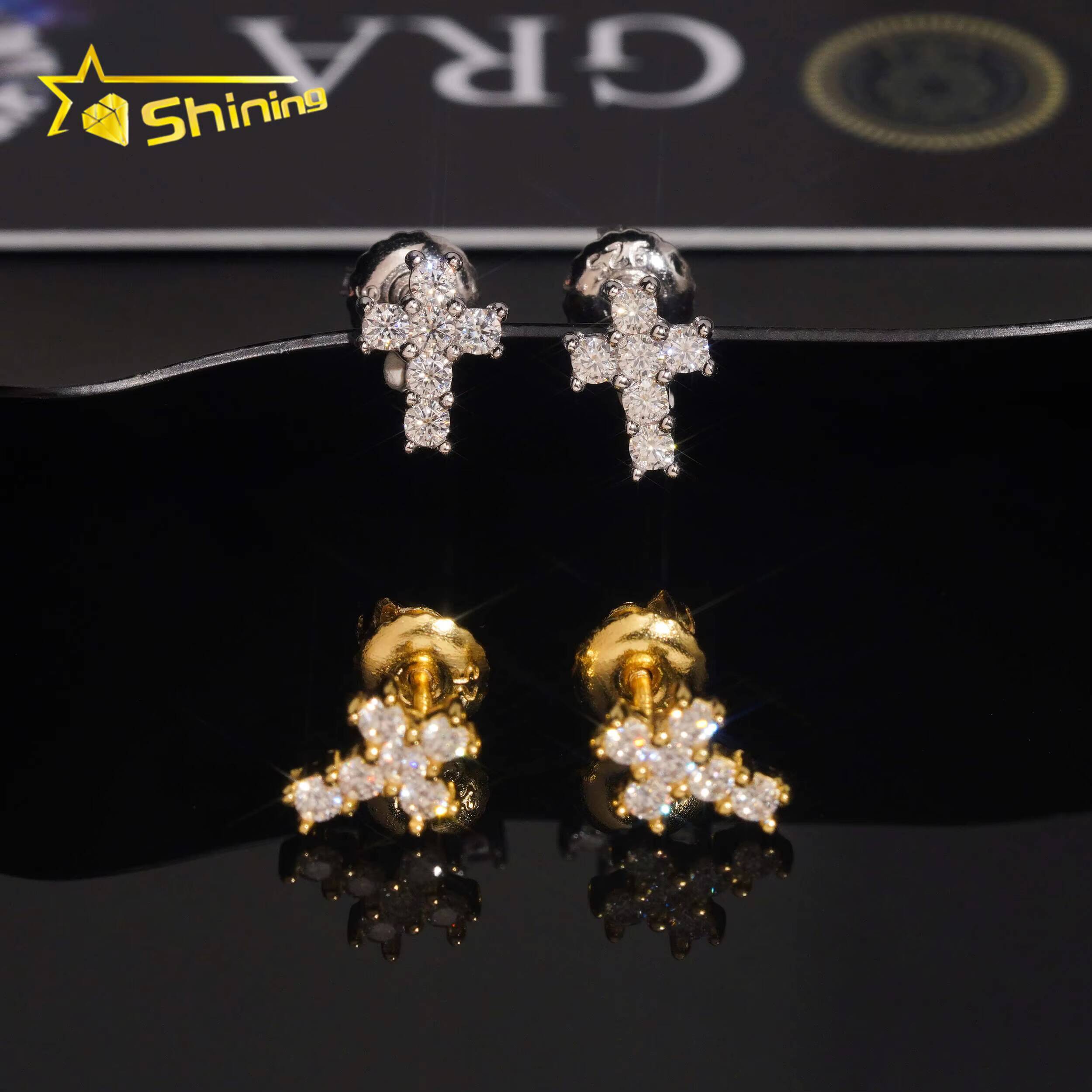 USA Warehouse Fast Shipping Cross Earrings 925 Sterling Silver Gold Plated Pass Diamond Test Moissanite Screw Back Stud Earring