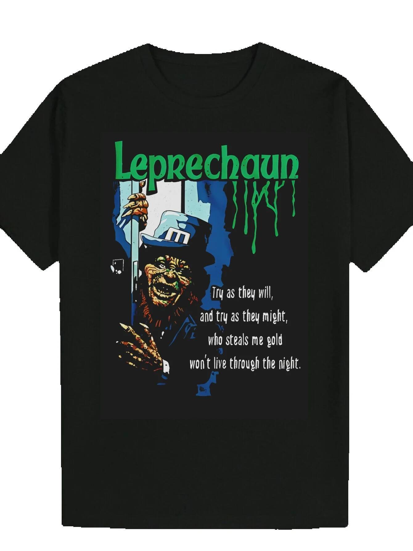 Men's Black Pattern Printed - Summer Round Neck Polyester T-Shirt with Vibrant Fairy Design and Bold Font, Machine Washable, Suitable for Casual 