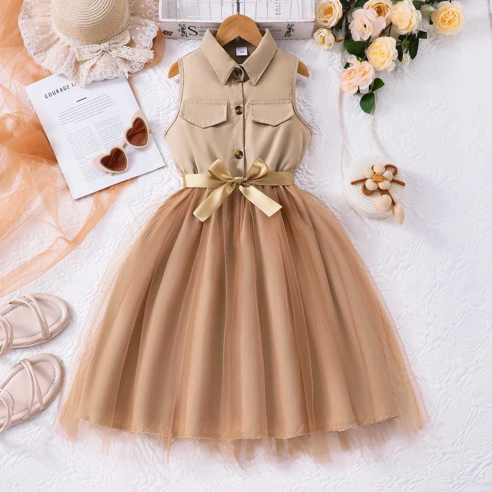 7-12 Years Dress for Girls Clothes Summer Khaki Kids Dresses Sleeveless Casual Vacation Elegant Brown Mesh Children Princess Dresses W250811