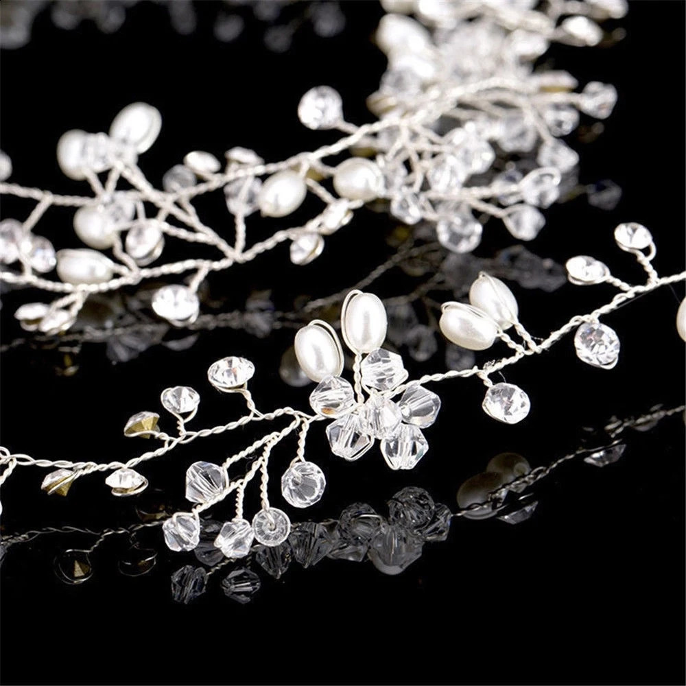 35CM Women Bridal Wedding Crystal Bride Hair Accessories Pearl Flower Headband Handmade Hairband Beads Decorative Comb 250804