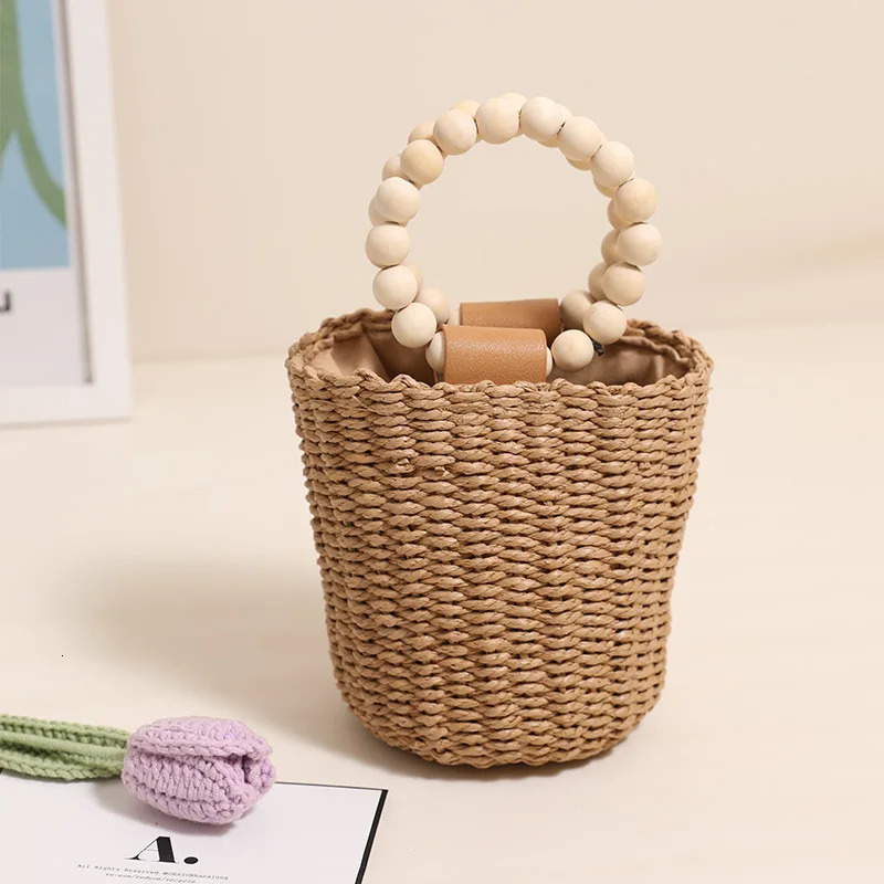 Fashion Wooden Beading Women Handbags Paper Woven Hand Bags Casual Summer Beach Bucket Bag Bali Small Tote Female Purses 250811