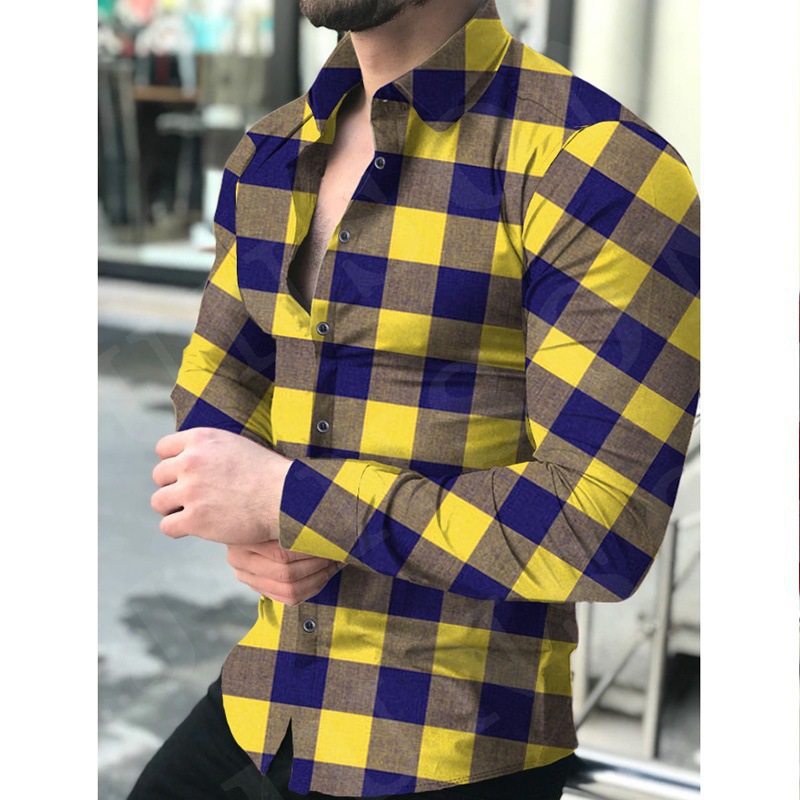 Men's long-sleeved shirt fashionable T-shirt 3D printed lapel casual and slimming long-sleeved shirt multi-color shirt for men European code: S-3