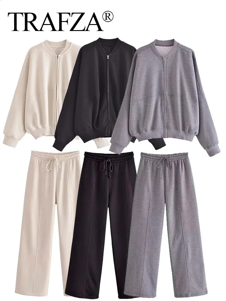 TRAFZA Bomber Jacket Pant Set For Women Casual Long Sleeve Zipper Coat Vintage Solid Sweatshirt Suit Autumn Woman Streetwear 250805
