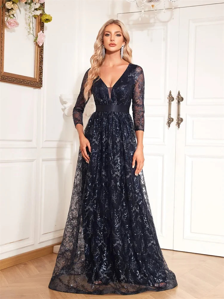 Elegant Blue VNeck Floral Evening Dress Long y Women Sleeve Wedding Party Cocktail Graduation Prom 250811
