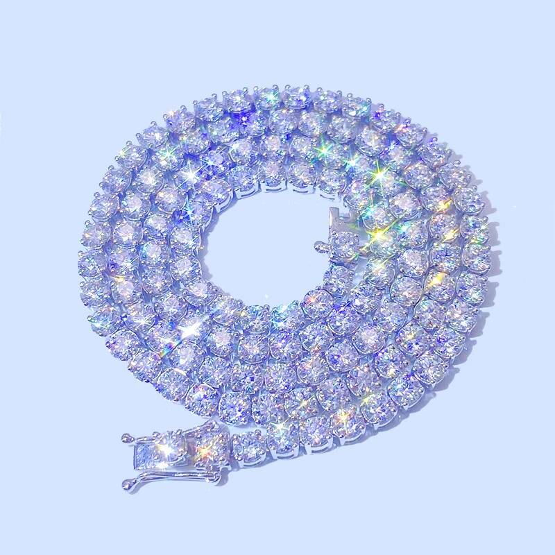 New European And American 5mm Single Stone Moissanite Hip Hop Tennis Chain 925 Silver Inlaid Moissanite Necklace Tennis Chain