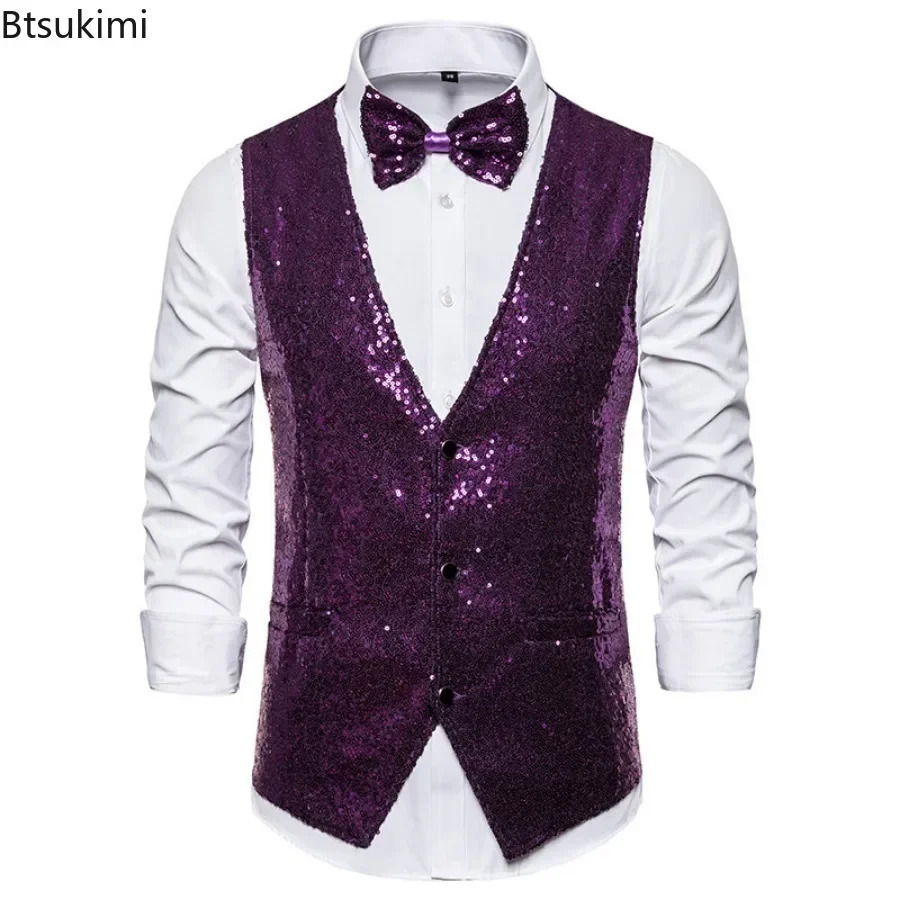 Mens Shiny Gold Sequin Glitter Embellished Blazer Waistcoat Night Club Wedding Party Stage Singers Vest 250809