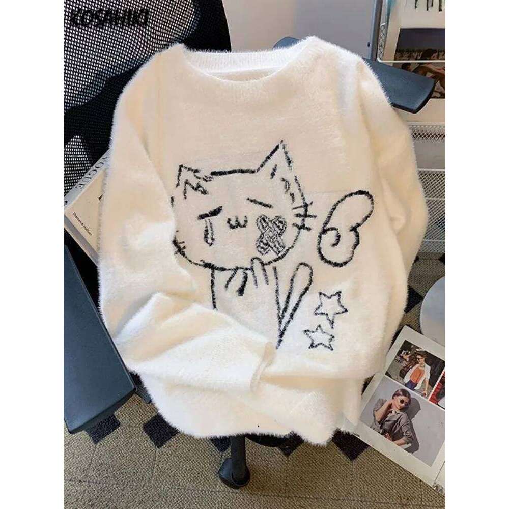 Vintage Preppy Kawaii Cartoon Jacquard Pullovers Sweet Haruku Loose Grunge Jumpers Y2k Aesthetic Women White Knitted Sweaters