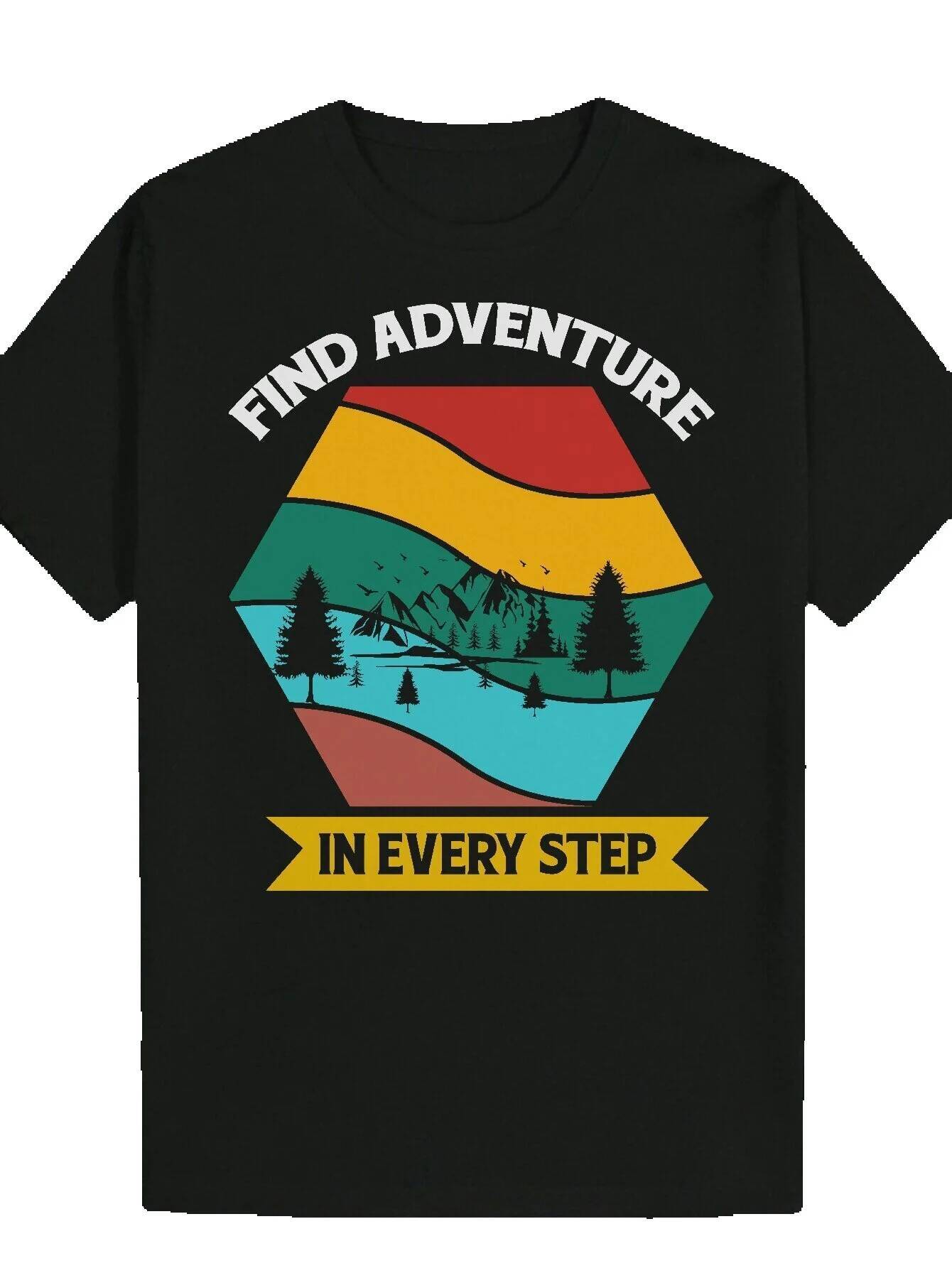 Men's Crew Neck T-Shirt with Pattern - "Find Adventure in Every Step" Design, Black Polyester, Outdoor Wear, Summer Casual Wear|Adventu
