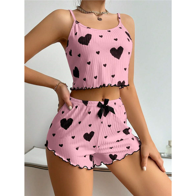 New Knitted Sweet European and American Design Pure Desire 2024 Ribbed Heart Print Women's Pajamas Camisole Summer Shorts