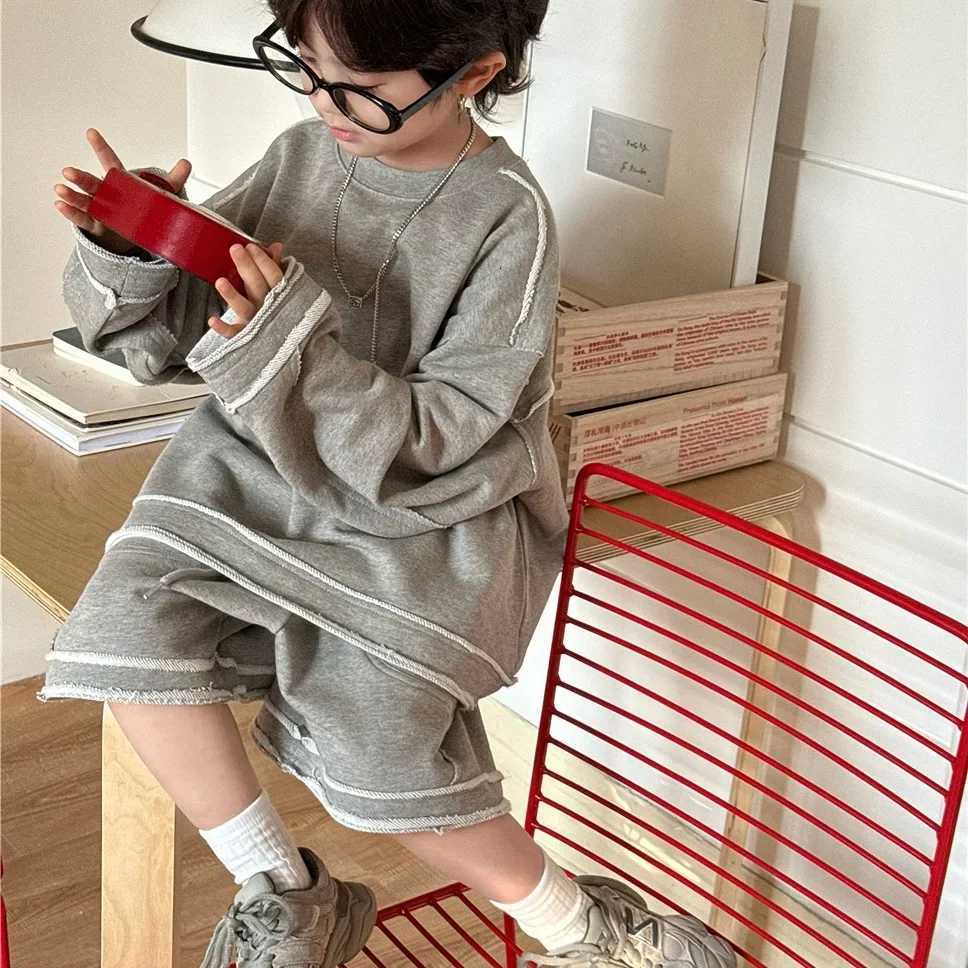 2025 Spring Summer Collection Fashion Korean Simple Style Childrens Splicing Edge Hoodie Shorts Set 2 Pieces Z250811