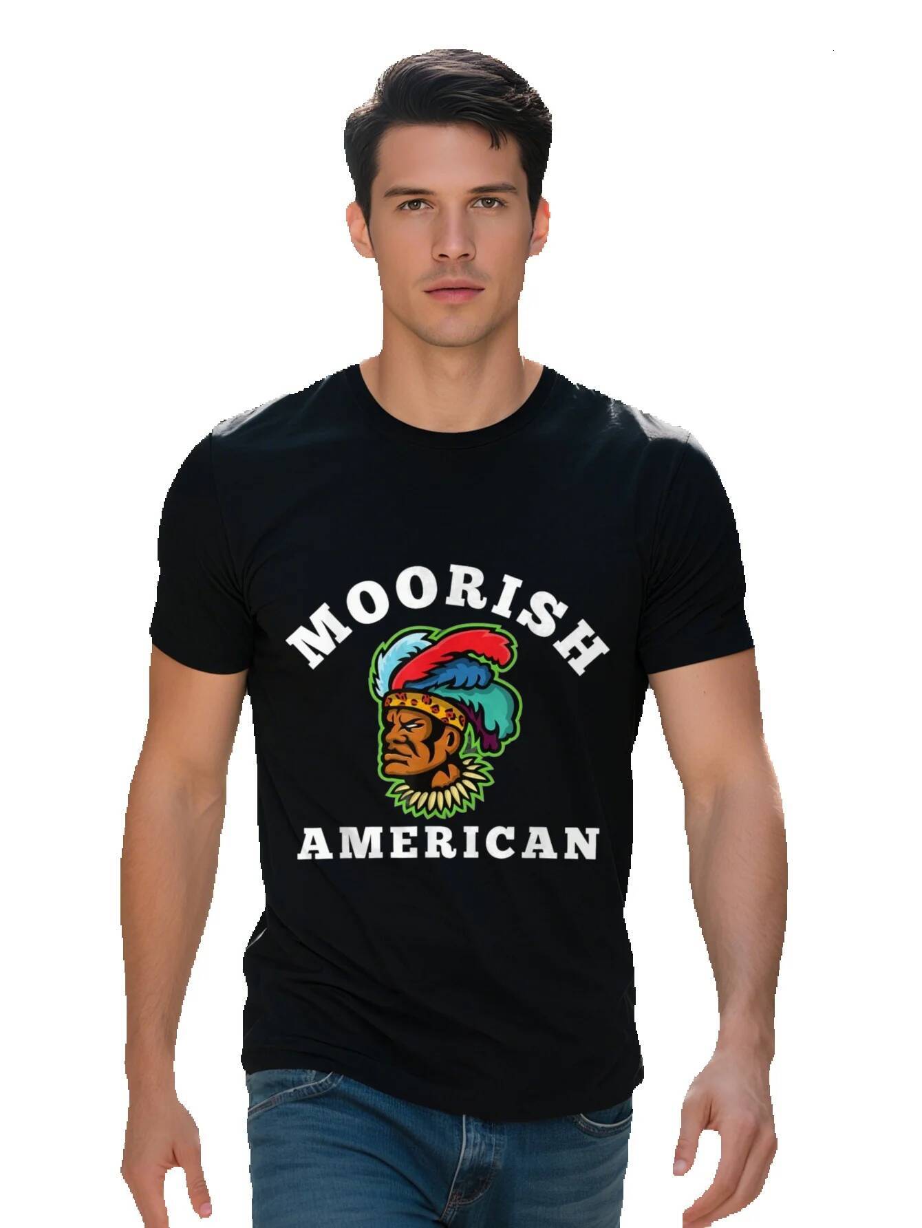 Men s g Cotton T Shirt Moorish American Graphic Print with Feather Headdress Design Black Short Sleeve Round c493c 62cb4