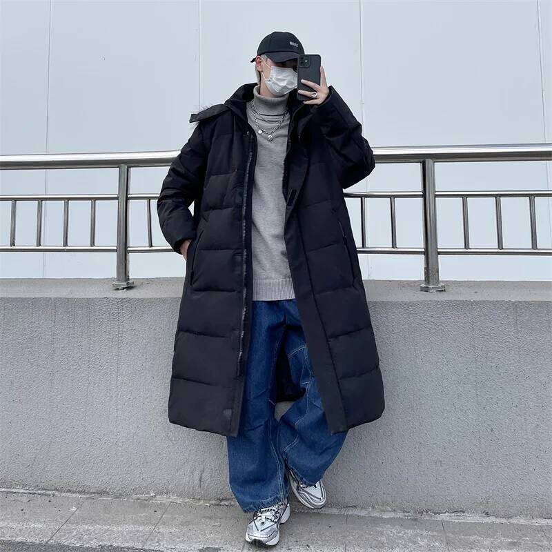 Korean Fashion Long Down Couple's Winter Clothing Youth Hooded Zipper Warm Cotton Jacket Coat Men's Parka M-5XL