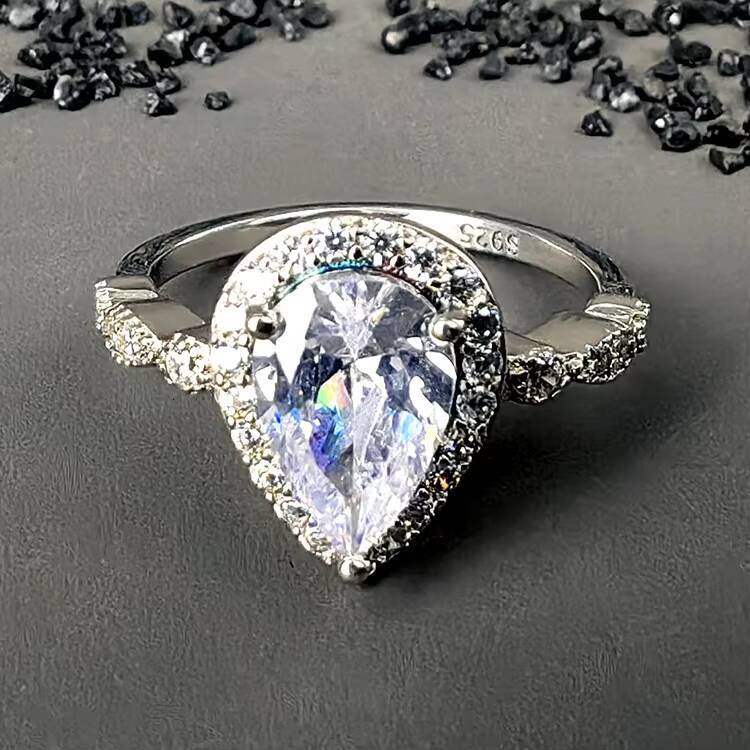 Vintage 925 Sterling Silver Teardrop Engagement Ring Genuine Fine Jewelry with VVS Moissanite for Women Anniversary Gift
