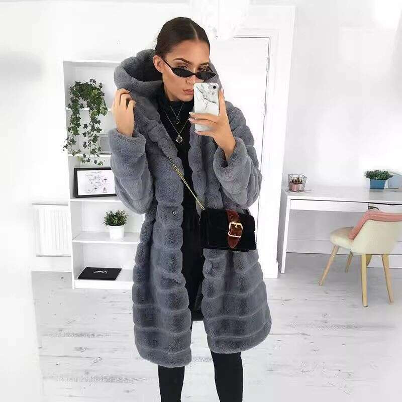Women's Clothing Hot Selling Autumn And Winter Solid Color Plush Hooded Mid Length Coat For Women