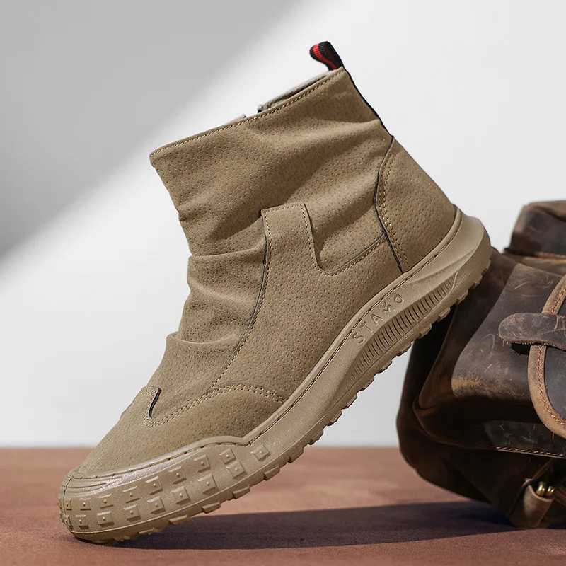 Mens High Cut Workwear Boots Autumn New Zipper Pleated Non-Slip Comfort Thick Soled Wear-Resistant Fashion Flat Boots W250811