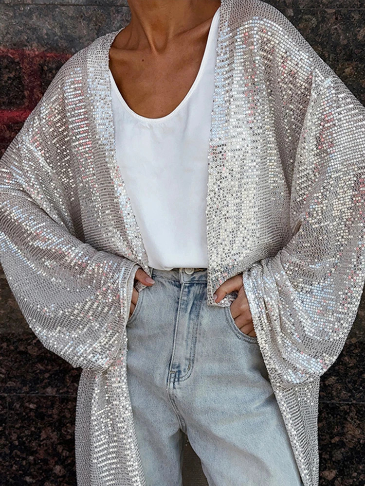 Sequin Oversized Maxi Cardigan Coat Women Open Front Long Sleeve Party Evening Outerwears Autumn Chic Casual Loose Fit Top 250804