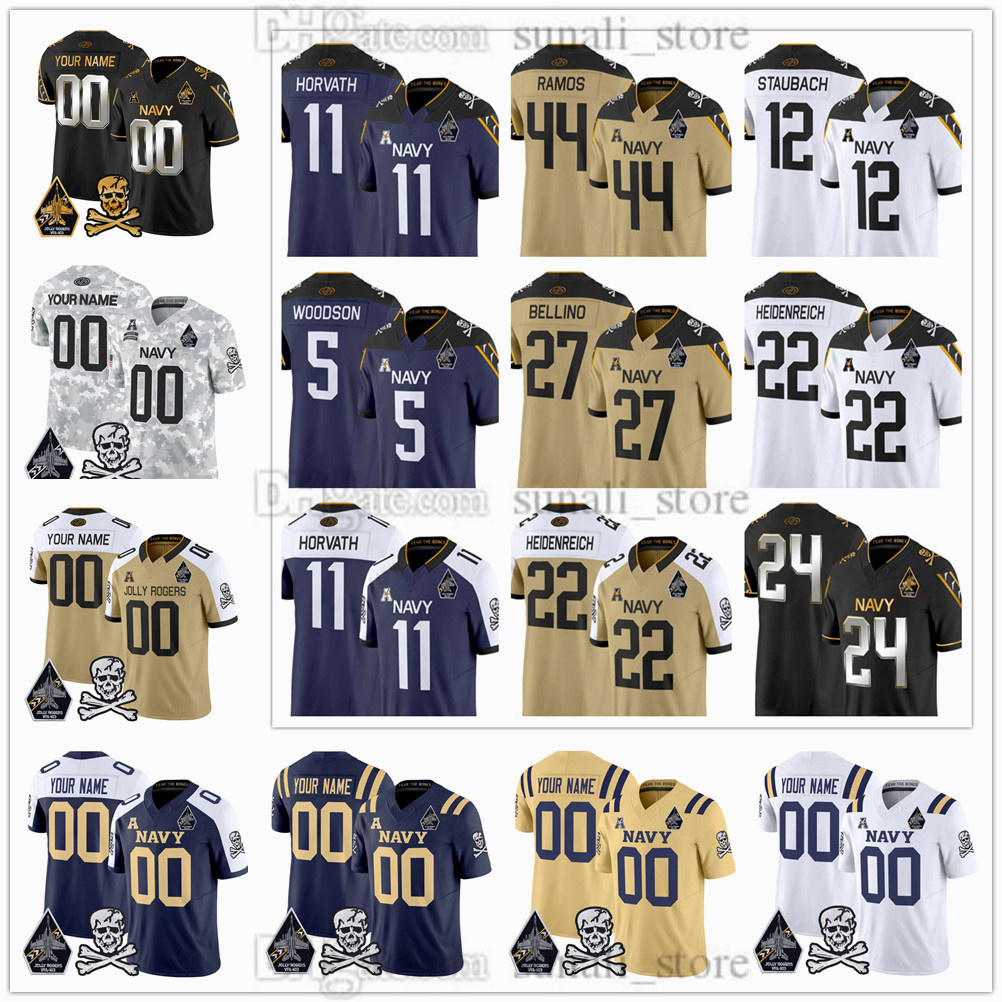 2026 Men's Navy College Midshipmen Football Jerseys 5 Braxton Woodson 11 Blake Horvath 22 Eli Heidenreich 24 Brandon Chatman 46 Alex Tecza 83 Cody Howard Stitched
