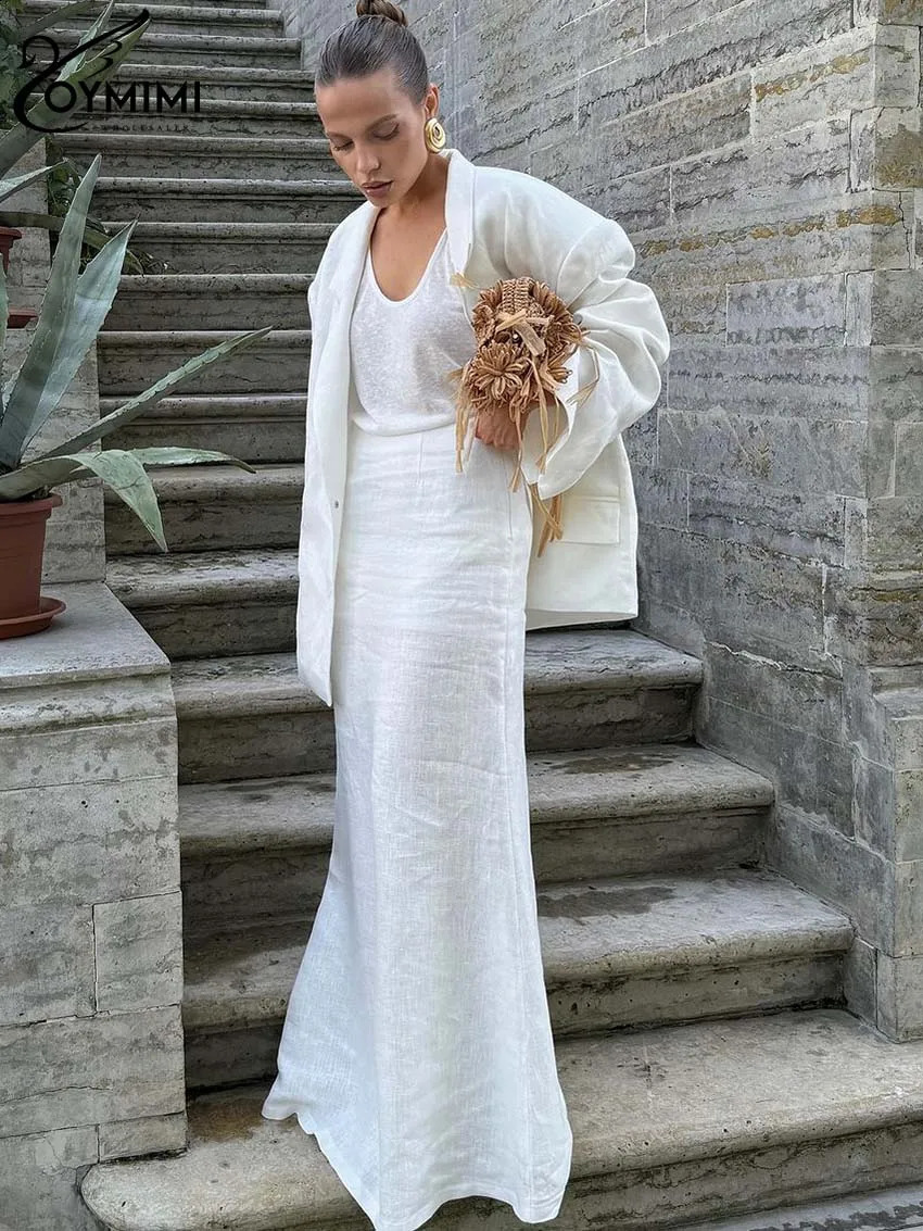 Oymimi Casual White Two Piece Set For Women Elegant Long Sleeve Pockets Blazers And High Waist Straight Floor-Length Skirts Sets 250811