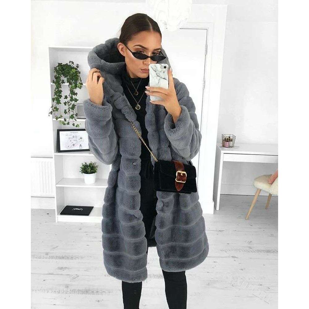 Women's Clothing Hot Selling Autumn And Winter Solid Color Plush Hooded Mid Length Coat For Women