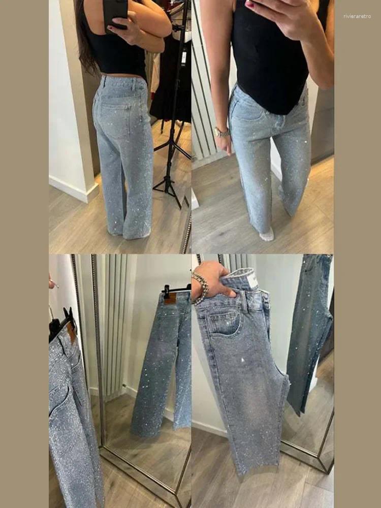 Women's Jeans Sparkling Women Slight Blue All-Over Rhinestone Denim Full s Pants High Waist Straight Luxury Casual Daily Trousers Z260313