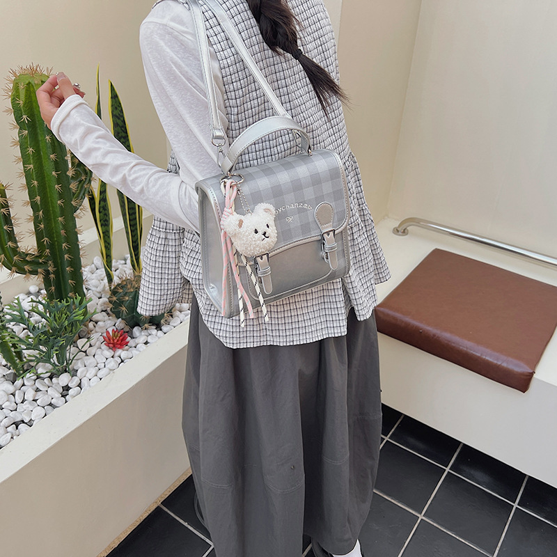 2025 High-end Fashion Cute Youthful Plaid Bag Large Capacity Commuter with Pendant Handheld Backpack for Women ddmymoon