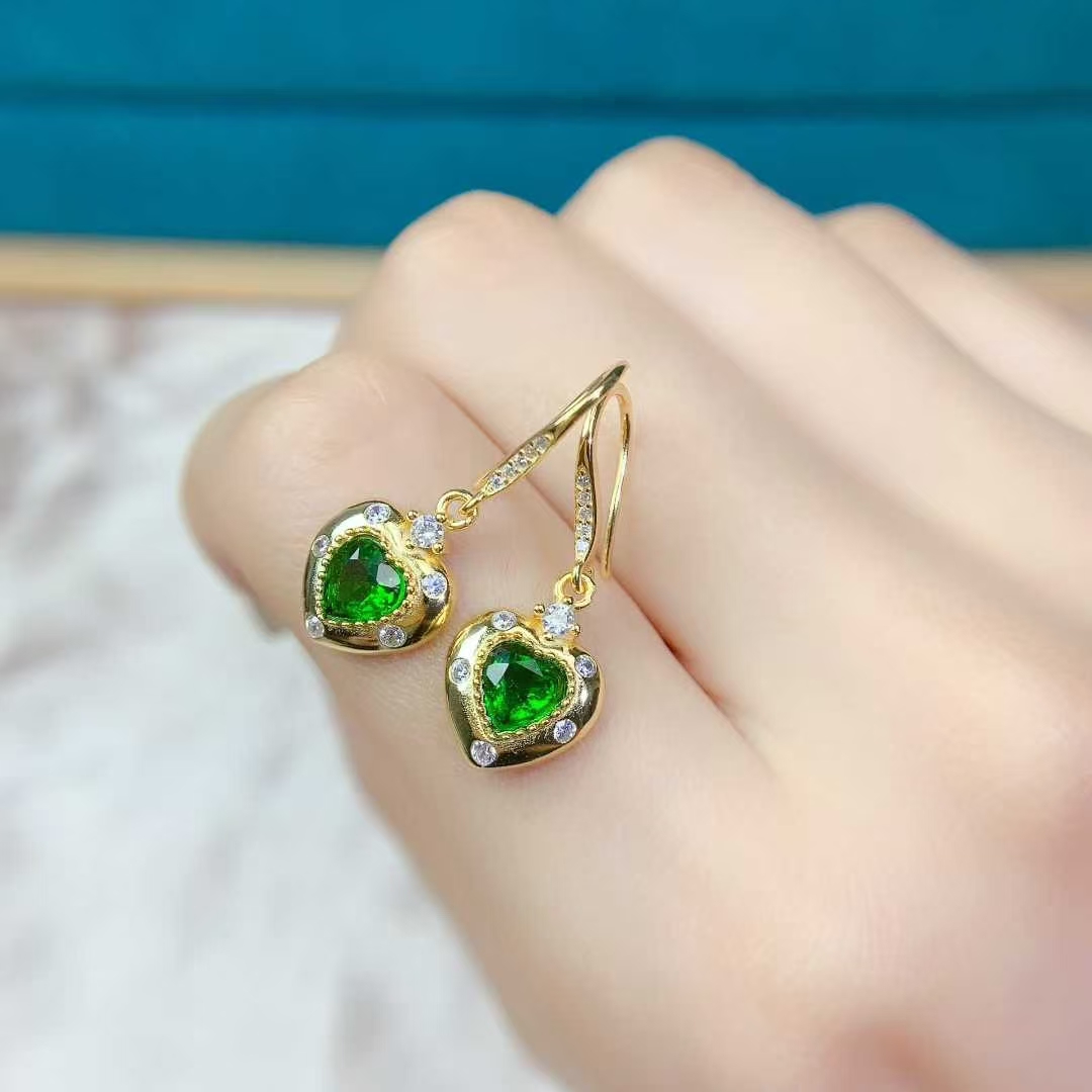 Natural Diopside Drop Earrings 5mm hear shape diopside 925 silver earirngs with 18K gold plating allergy free