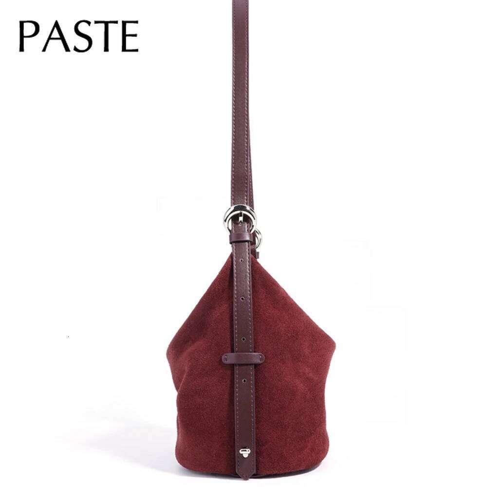 New 2025 Soft Unclassified Bucket Tote Wine Red Color Suede Cowhide Leather Women Shoulder Bag Small All-match Pouch