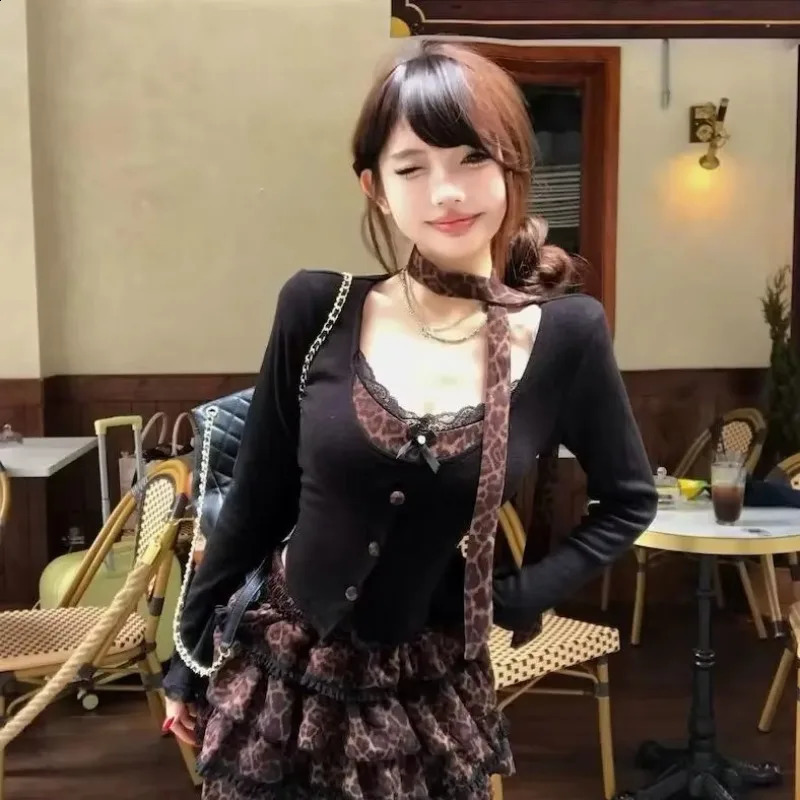 Y2k Sexy Retro Punk Set Women Suit Scarf Long Sleeve Top High Waist Slimming Cake Skirts Two-piece Set 250811