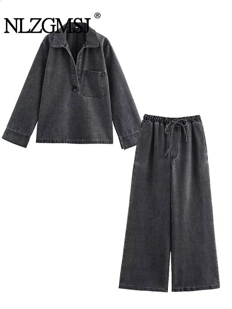 Autumn Jeans Sets Women Turn-down Collar Casual Top Fashion High Waist Streetwear Female Denim Pant Two Piece Set 250805