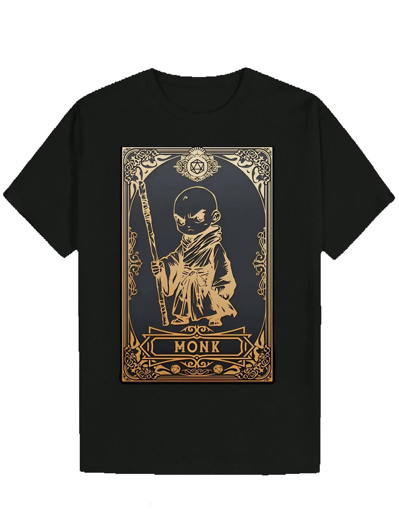 Men's Summer Short Sleeve T-Shirt - Black, Gold Monk Portrait and Decorative Design, Breathable Polyester Fiber, Machine Washable, Suitable for C