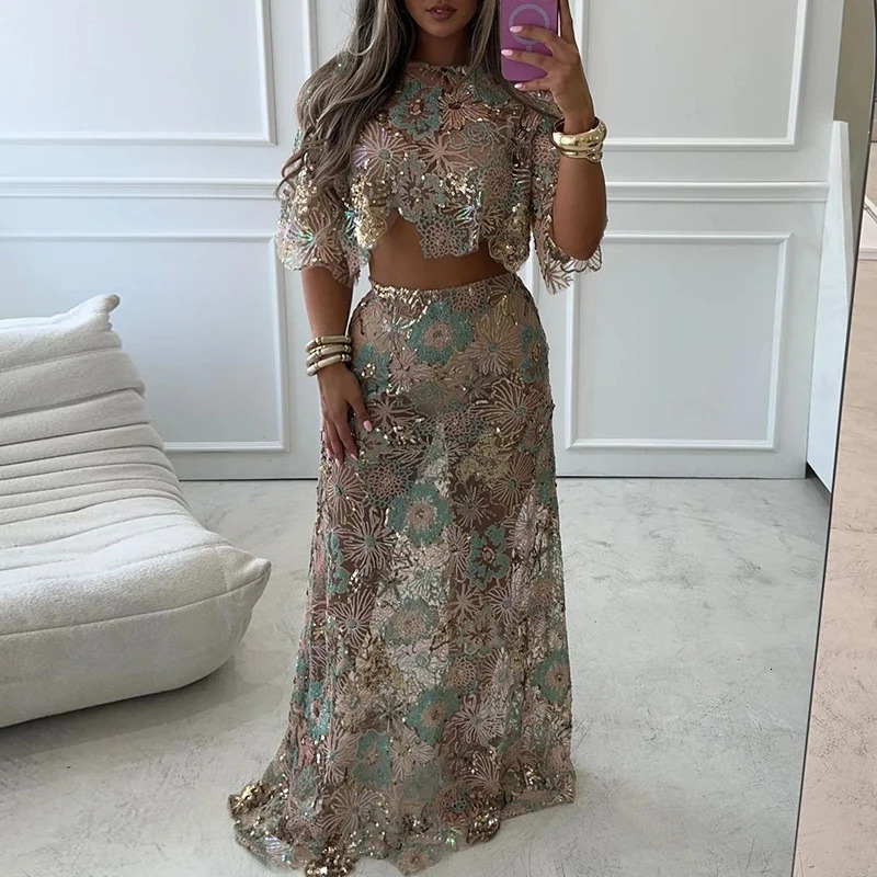 Sexy O Neck Short Sleeved Top with Long Skirt Suit Casual Cocktail Party Outfit Shiny Sequin Jacquard Slim Womens 2pc Set 250811